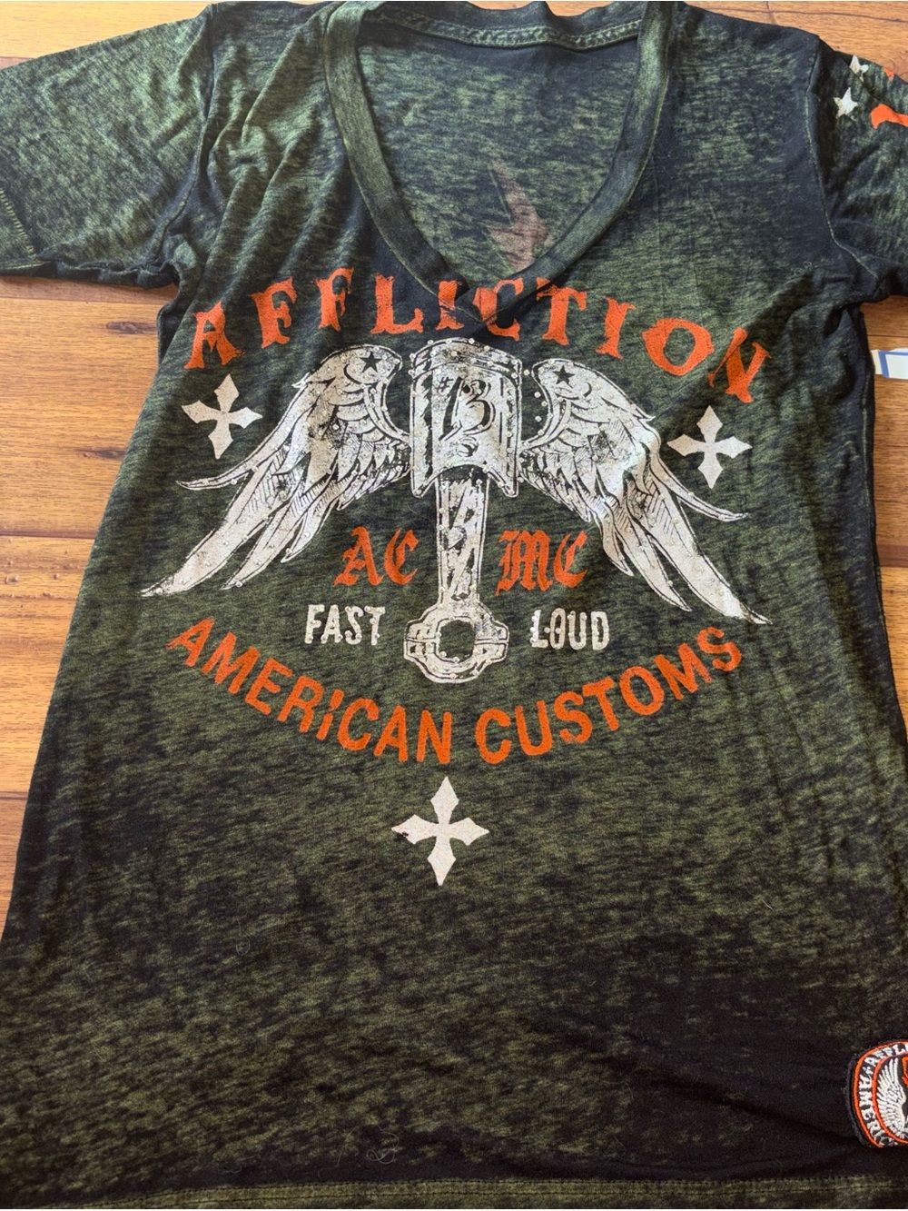 Affliction American Customs Rhinestone V-Neck Graphic Tee